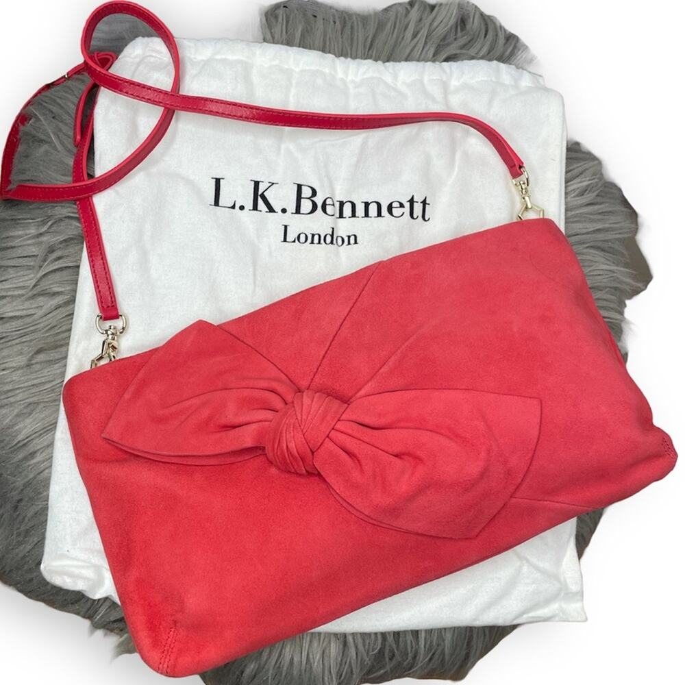 L.K. Bennett London Bright Suede Bow Front Clutch Shoulder Bag Purse